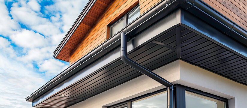 sleek black roof gutter and downpipe on modern home architectural detail system