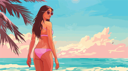 Beautiful young woman in pink stylish bikini on beach