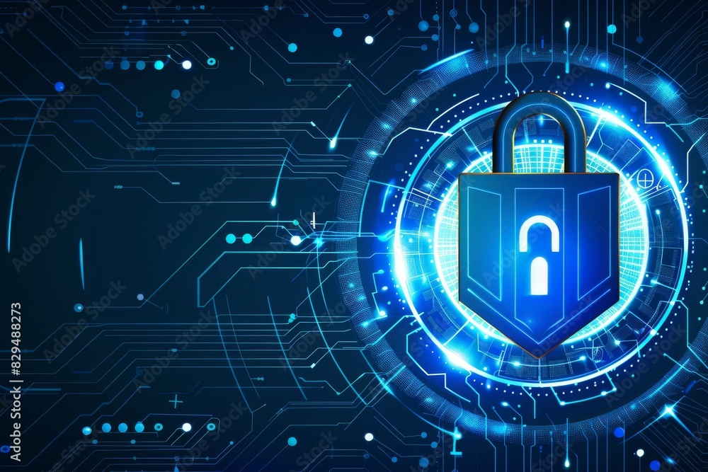 Poster blue cyber lock surrounded by digital circuits, symbolizing embedded cybersecurity in technology inf