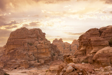 Landscape with sandstone rocks in little petra archaeological site, Jordan