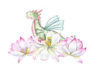 Green Dragon standing in triangle pose among blooming water lilies. Animal practicing yoga exercises. Floral composition. Delicate three lotus flowers. Watercolor illustration for design, postcards