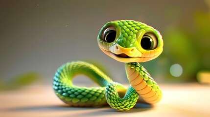 Fototapeta premium Beautiful cartoon friendly snake with colorful scales on an abstract background with bokeh and highlights