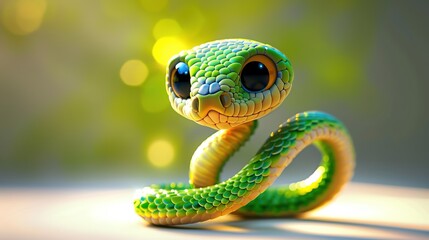 Fototapeta premium Beautiful cartoon friendly snake with colorful scales on an abstract background with bokeh and highlights