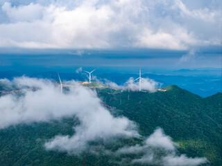 Aerial photography of wind farm on the mountain
