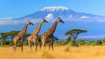 Fototapeta na wymiar Three giraffe on Kilimanjaro mount background in National park of Kenya, Africa