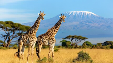Obraz premium Three giraffe on Kilimanjaro mount background in National park of Kenya, Africa