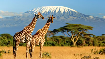 Obraz premium Three giraffe on Kilimanjaro mount background in National park of Kenya, Africa