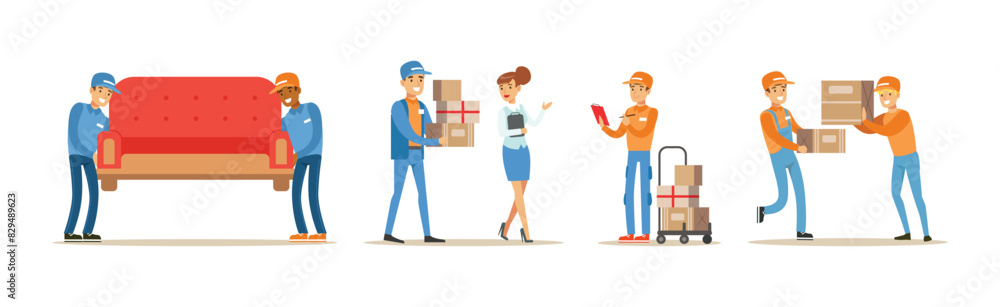 Poster man character delivery service worker bring freight vector set