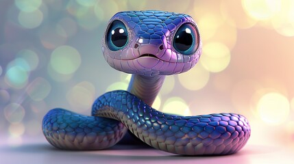 Fototapeta premium Beautiful cartoon friendly snake with colorful scales on an abstract background with bokeh and highlights