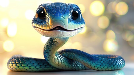 Fototapeta premium Beautiful cartoon friendly snake with colorful scales on an abstract background with bokeh and highlights