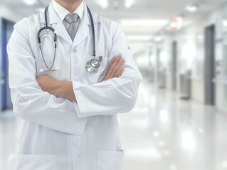 Doctor in uniform holding stethoscope and crossed arms. Hospital or clinic background and copy space