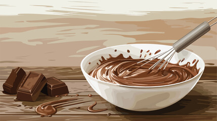 Bowl and whisk with chocolate cream on wooden table 
