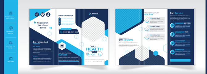 Blue corporate medical trifold brochure design template