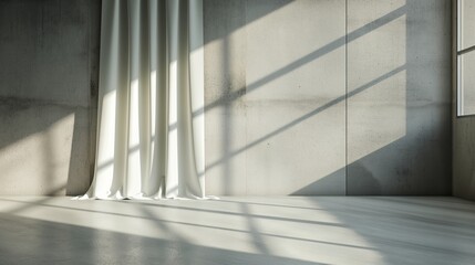 Industrial Elegance: Minimalist Curtains and Geometric Shadows on Concrete Wall