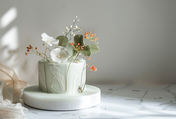 Anniversary sweet floral cake. Minimalistuc empty white background