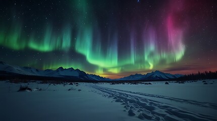 shows an aurora in the night sky over a snowy landscape