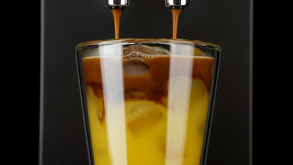 Pouring black coffee in glass with orange juice and ice cubes. Espresso orange juice drink