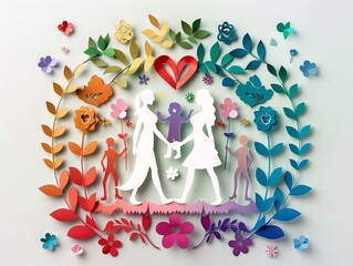 LGBTQ couple with child paper cut illustration vibrant floral background love diversity pride art