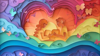 Tender moment LGBTQ parents with baby paper cut art rainbow colors intricate swirls