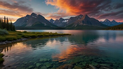 shows a beautiful mountain lake at sunset