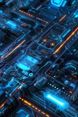 Fototapeta premium A detailed view of a circuit board with clean lines and glowing blue accents.