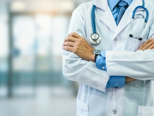 Doctor in uniform holding stethoscope and crossed arms. Hospital or clinic background and copy space