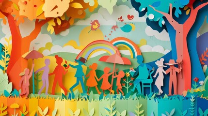 Beautiful paper cutting scene LGBTQ family picnic vibrant decorations rainbow theme