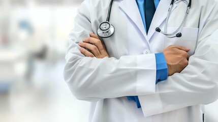 Doctor in uniform holding stethoscope and crossed arms. Hospital or clinic background and copy space