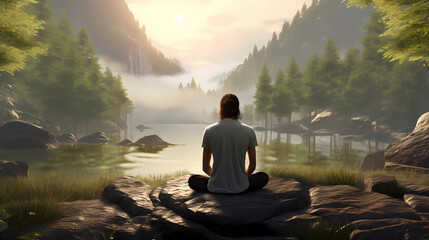 A man practicing mindfulness and meditation or yoga in a peaceful natural environment realistic image, ultra hd, high design very detailed