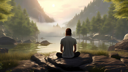 Fototapeta premium A man practicing mindfulness and meditation or yoga in a peaceful natural environment realistic image, ultra hd, high design very detailed