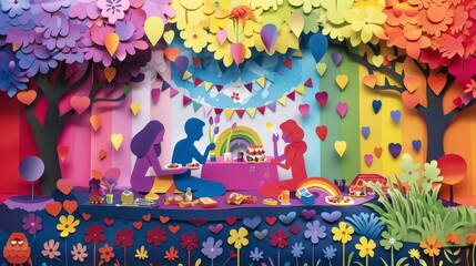 Charming paper cut art LGBTQ family enjoying picnic under colorful decorations