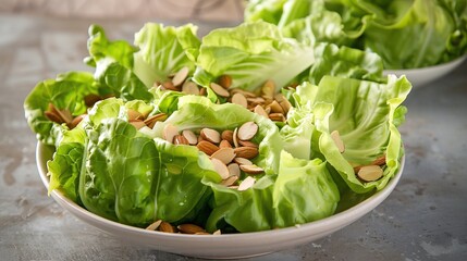 Warm butter lettuce salad with almond. Generative Ai