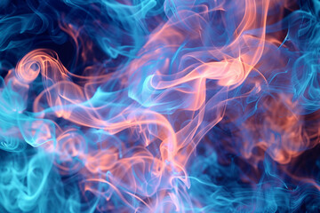 Azure swirls illuminate coral smoke for a lively concert backdrop.