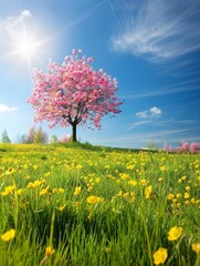 Fototapeta premium A solitary cherry tree stands in glorious bloom against a vivid blue sky, with a field of yellow flowers under the bright sun. It's a quintessential spring panorama