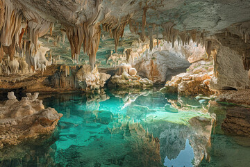 Fototapeta premium Generative ai on theme of a large beautiful sharp stalactites hanging down from deep mountain cave