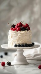A delicious cake with fresh berries on top, sitting on a white cake stand. The perfect dessert for any occasion!