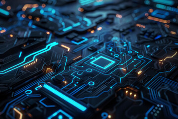 Fototapeta premium A detailed view of a circuit board with clean lines and glowing blue accents.
