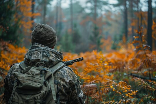 View from the back of a male hunter with a gun in the forest in autumn