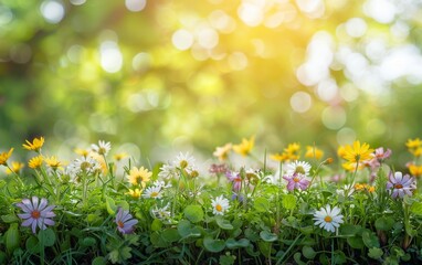 Fototapeta premium A soft carpet of daisies and wildflowers basks in the golden sunshine, creating a serene and inviting spring meadow