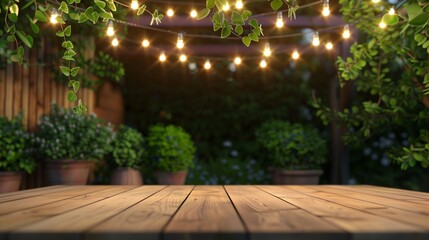 An empty tabletop set in a charming restaurant or home backyard garden, adorned with strings of light bulbs. The scene offers a blank copy space for text, perfect for various creative uses.