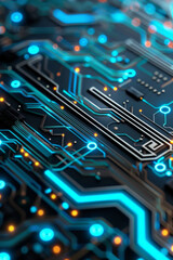 Fototapeta premium A detailed view of a circuit board with clean lines and glowing blue accents.