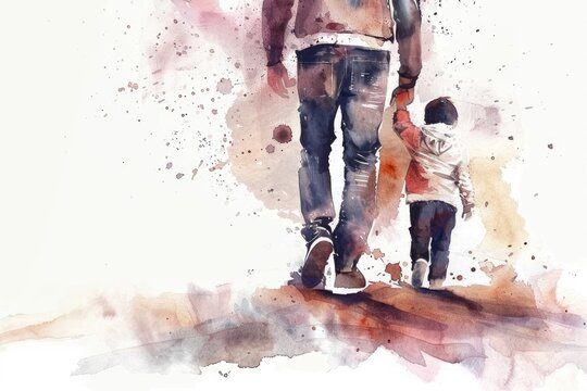 Fathers Day card watercolor illustration of dad with child walking together, space for text