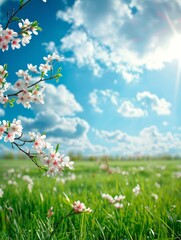 White blossoms adorn a branch against a backdrop of blue skies and fluffy clouds, epitomizing the serene beauty of spring