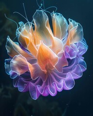 Obraz premium The image shows a beautiful jellyfish with pink and yellow tentacles.