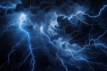 Generative ai on theme of scary bright electric lightning bolt with branches in the night dark sky