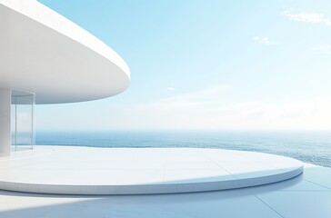 Obraz premium White marble podium with sea view on background.Minimalist Elegance: White Circular Stage Overlooking the Sea