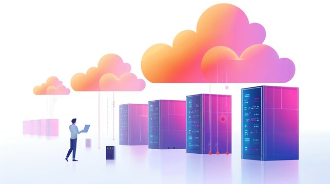 Businessman using laptop connected to cloud servers, data storage and transfer concept.