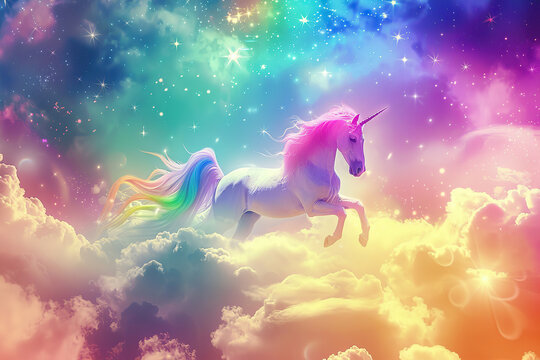 Generative ai on theme of fantasy unicorn in beautiful sky with bright rainbow and fluffy clouds