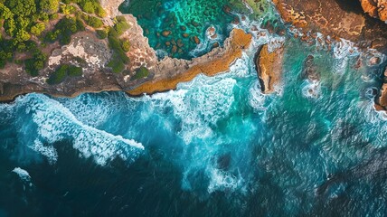 a wonderful waterfront landscape with big waves from a bird's eye view, generated by AI