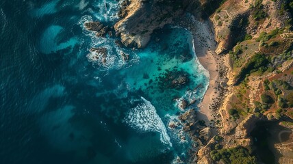 a wonderful waterfront landscape with big waves from a bird's eye view, generated by AI